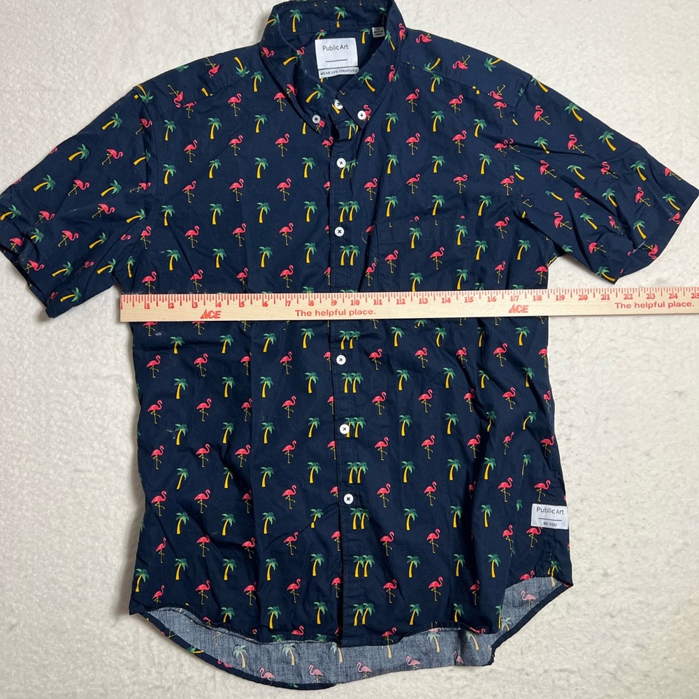 Men’s Navy Short-Sleeve Flamingo Print Shirt - Picture 3 of 8